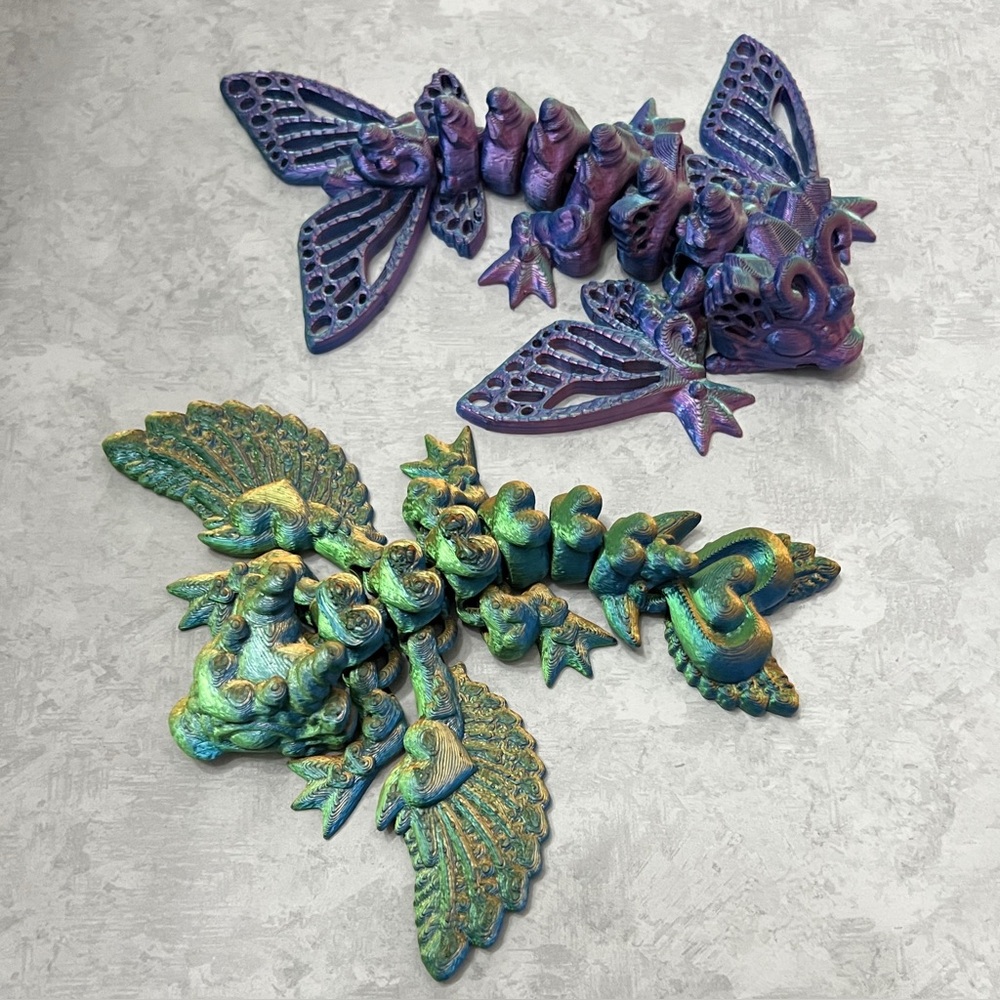 3D Printed Chameleon Heart Dragon & Chameleon Butterfly Wyvern Dragon Set
